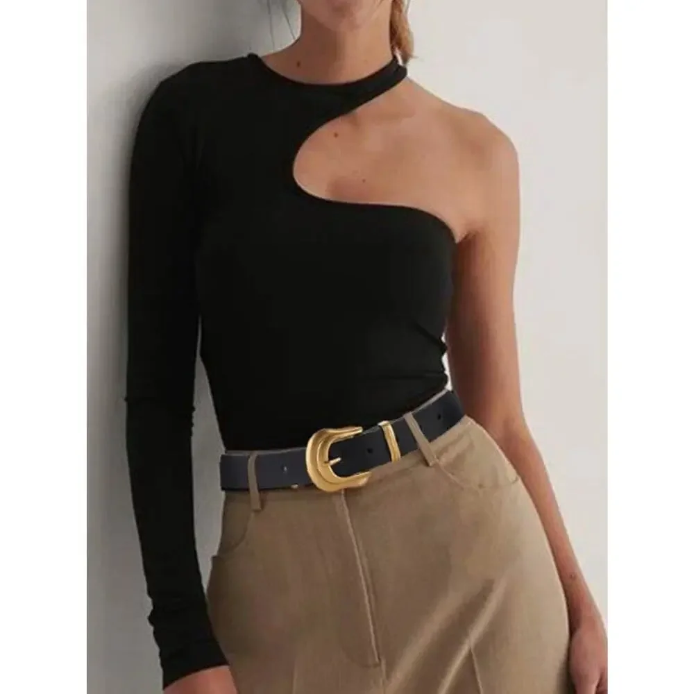 IWFTC Black Leather Belt Gold Sculpted Western Buckle Womens Size 140cm 41”-50”